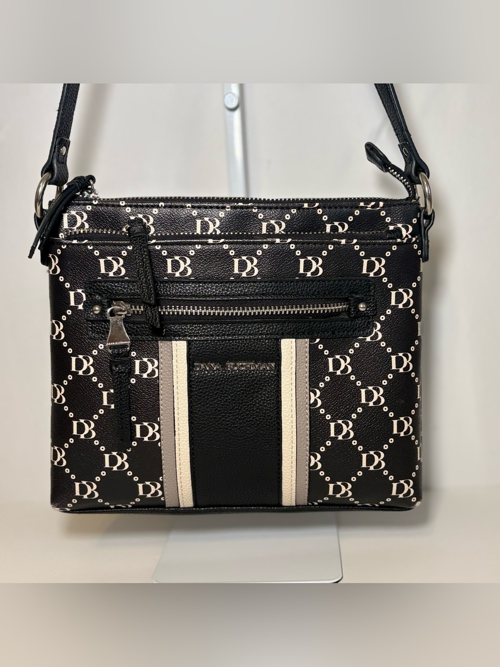 Dana Buchman Black Crossbody with Ivory Stripe Detail